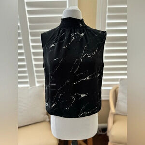 Express | Black Marbeled Sheer Smocked Neck Open Back Sleeveless Blouse - Size M